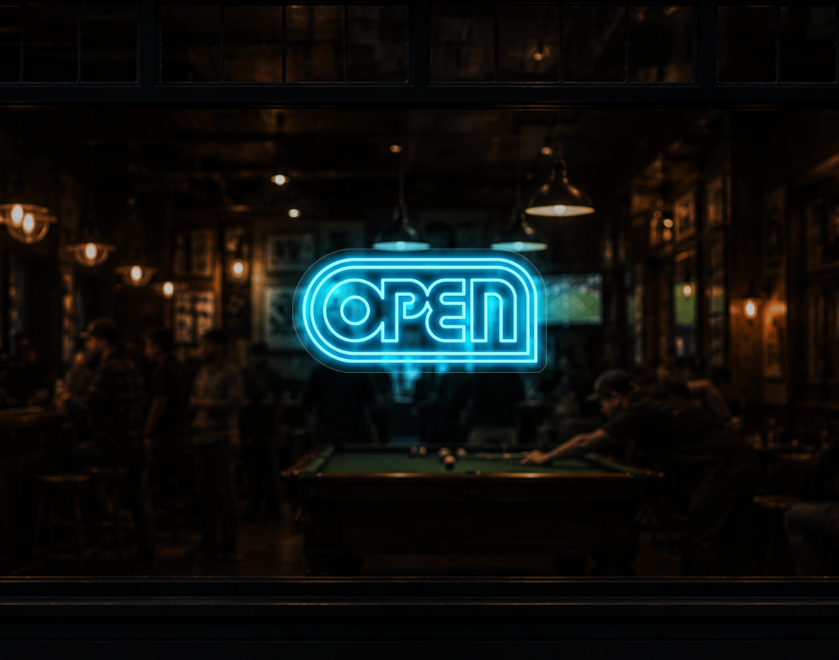 Retro Badge V1 Open LED Neon Sign - Ice Blue