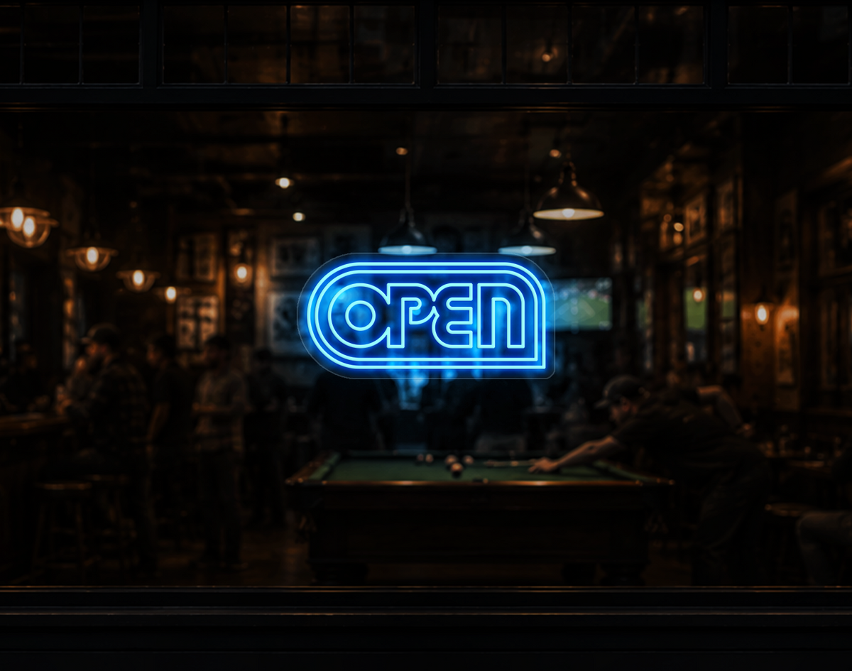 Retro Badge V1 Open LED Neon Sign - Light Blue