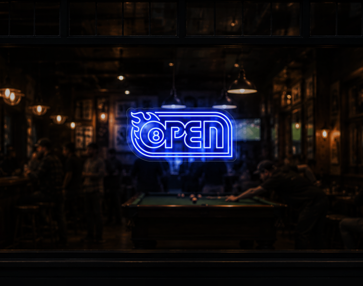 Retro Flame Badge Open LED Neon Sign - Baby Blue