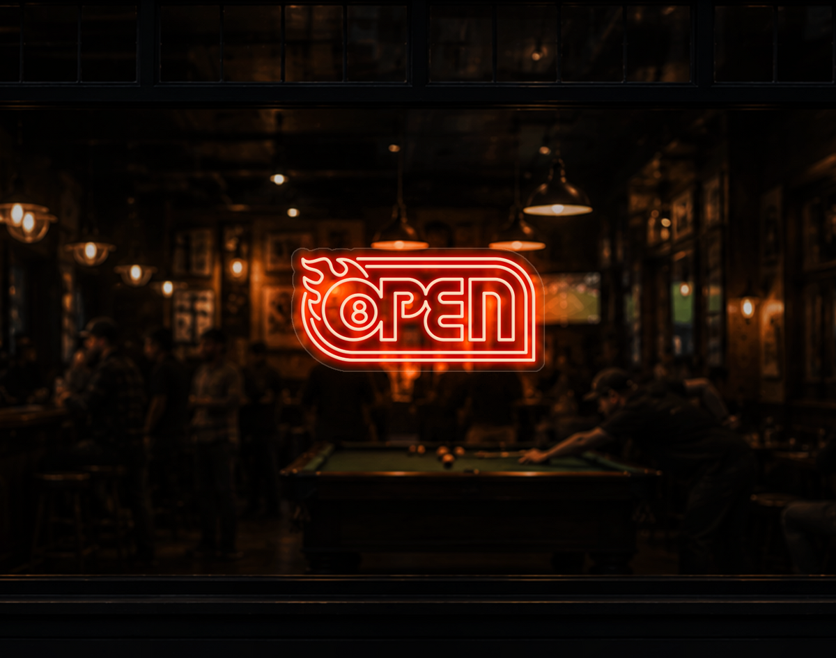 Retro Flame Badge Open LED Neon Sign - Orange