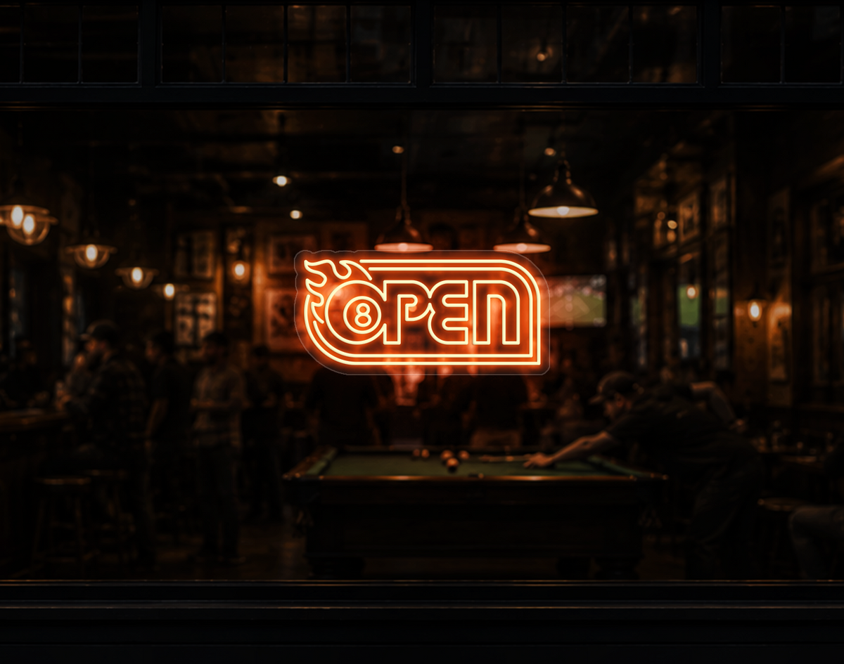 Retro Flame Badge Open LED Neon Sign - Peach Orange