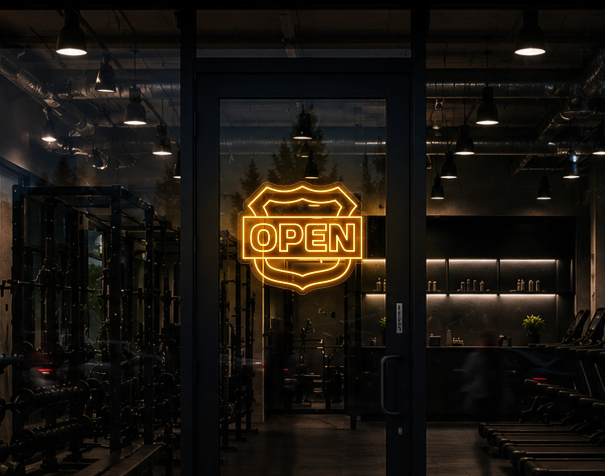 Shield Badge Open LED Neon Sign - Sunset Yellow