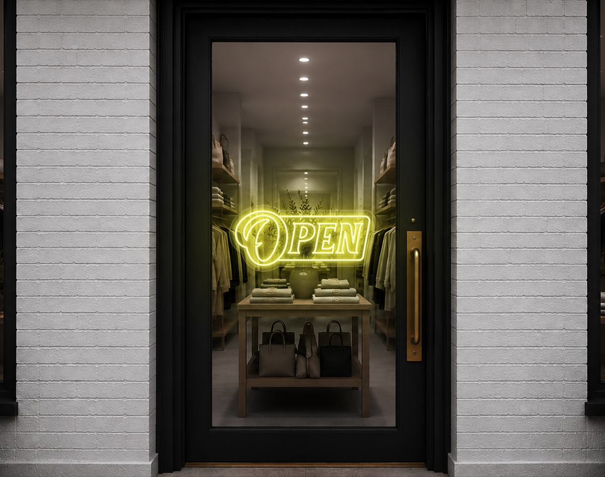 Slanted Serif Badge Open LED Neon Sign - Buttercup Yellow