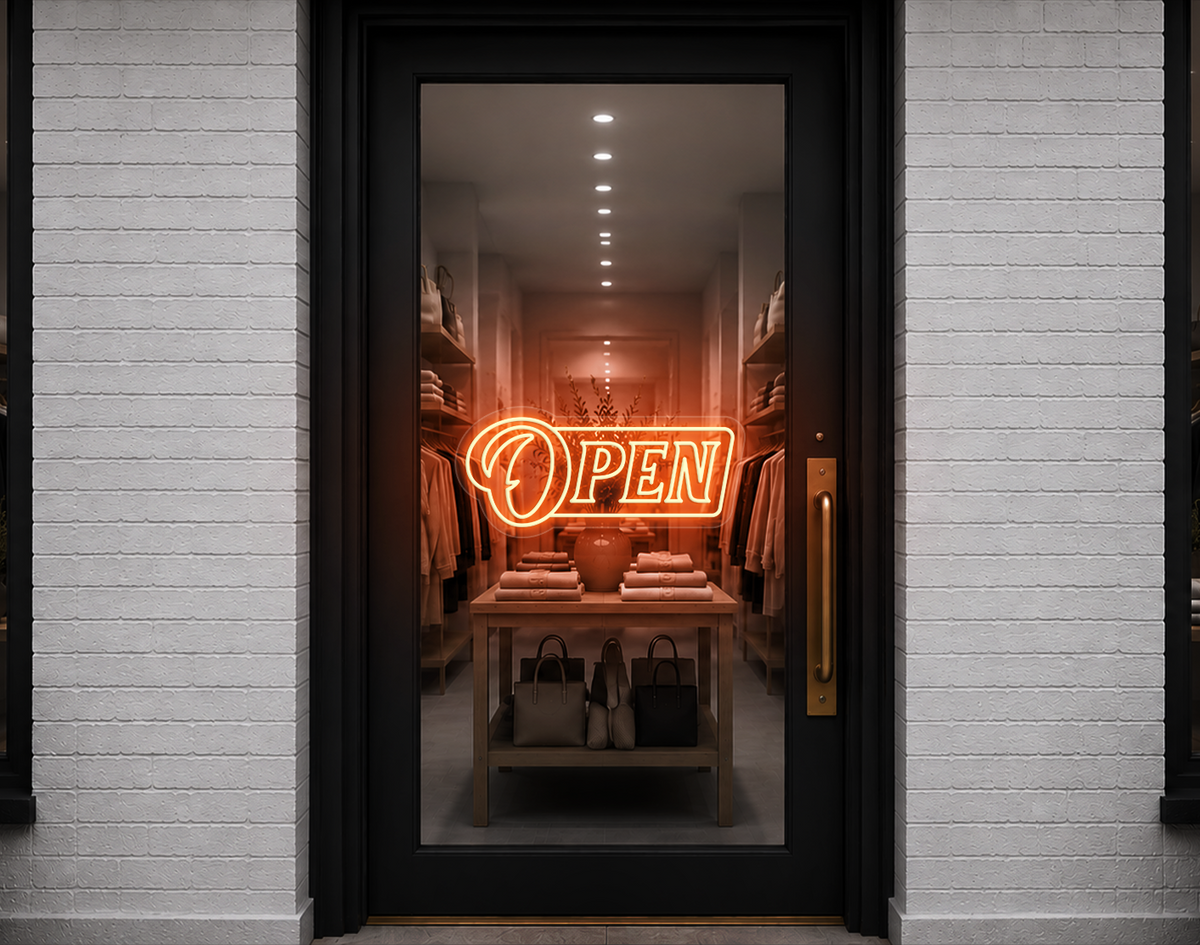 Slanted Serif Badge Open LED Neon Sign - Peach Orange