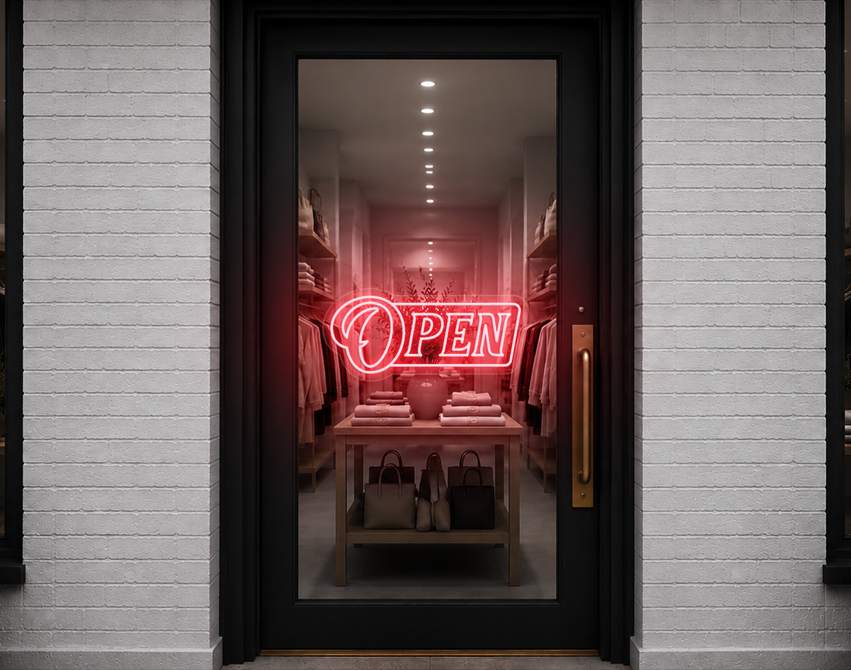 Slanted Serif Badge Open LED Neon Sign - Petal Pink