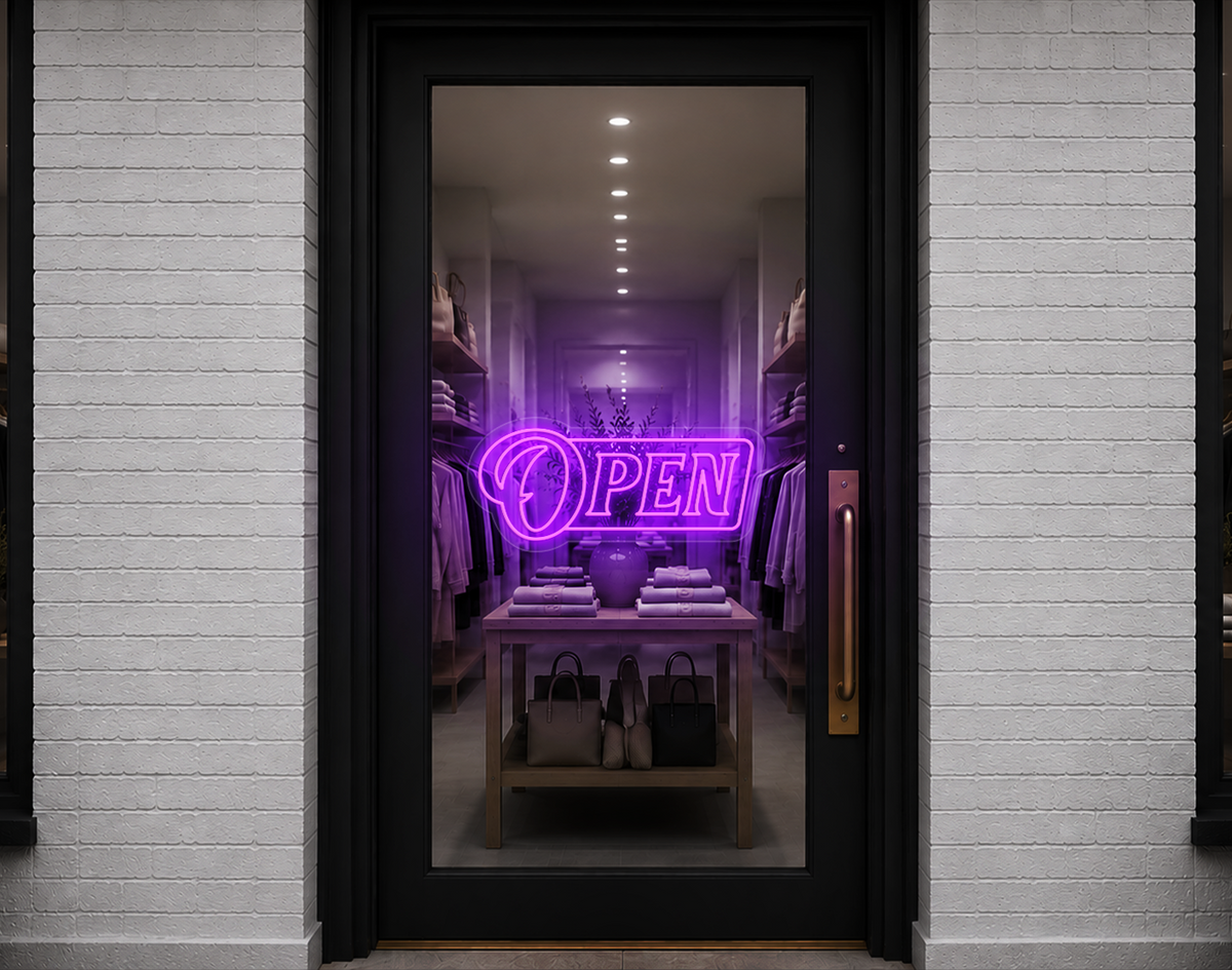 Slanted Serif Badge Open LED Neon Sign - Purple
