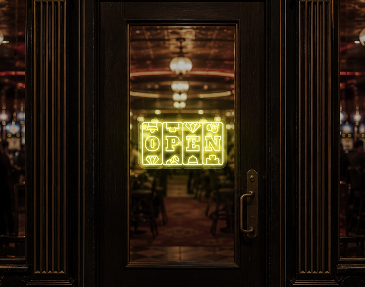 Slots Badge Open LED Neon Sign - Buttercup Yellow