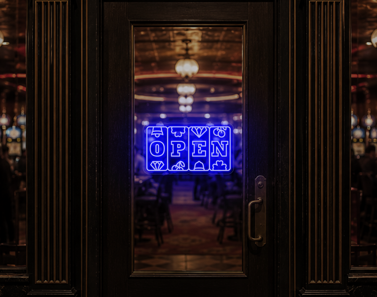 Slots Badge Open LED Neon Sign - Dark Blue