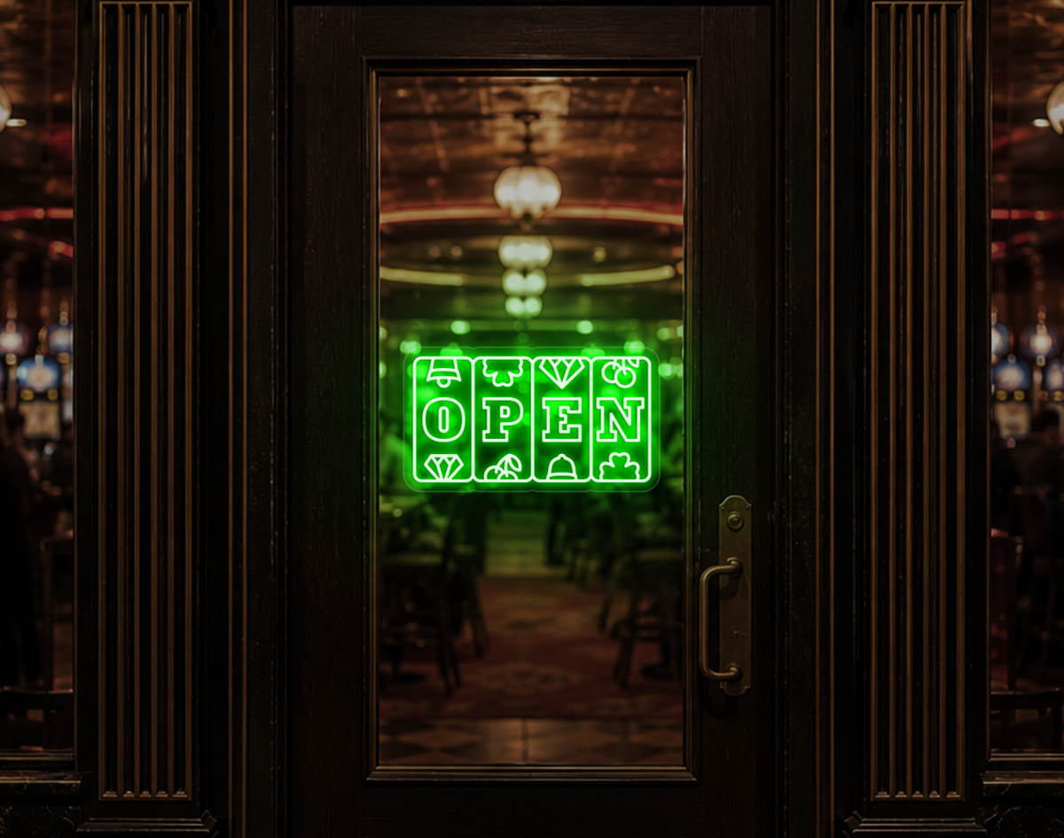 Slots Badge Open LED Neon Sign - Green