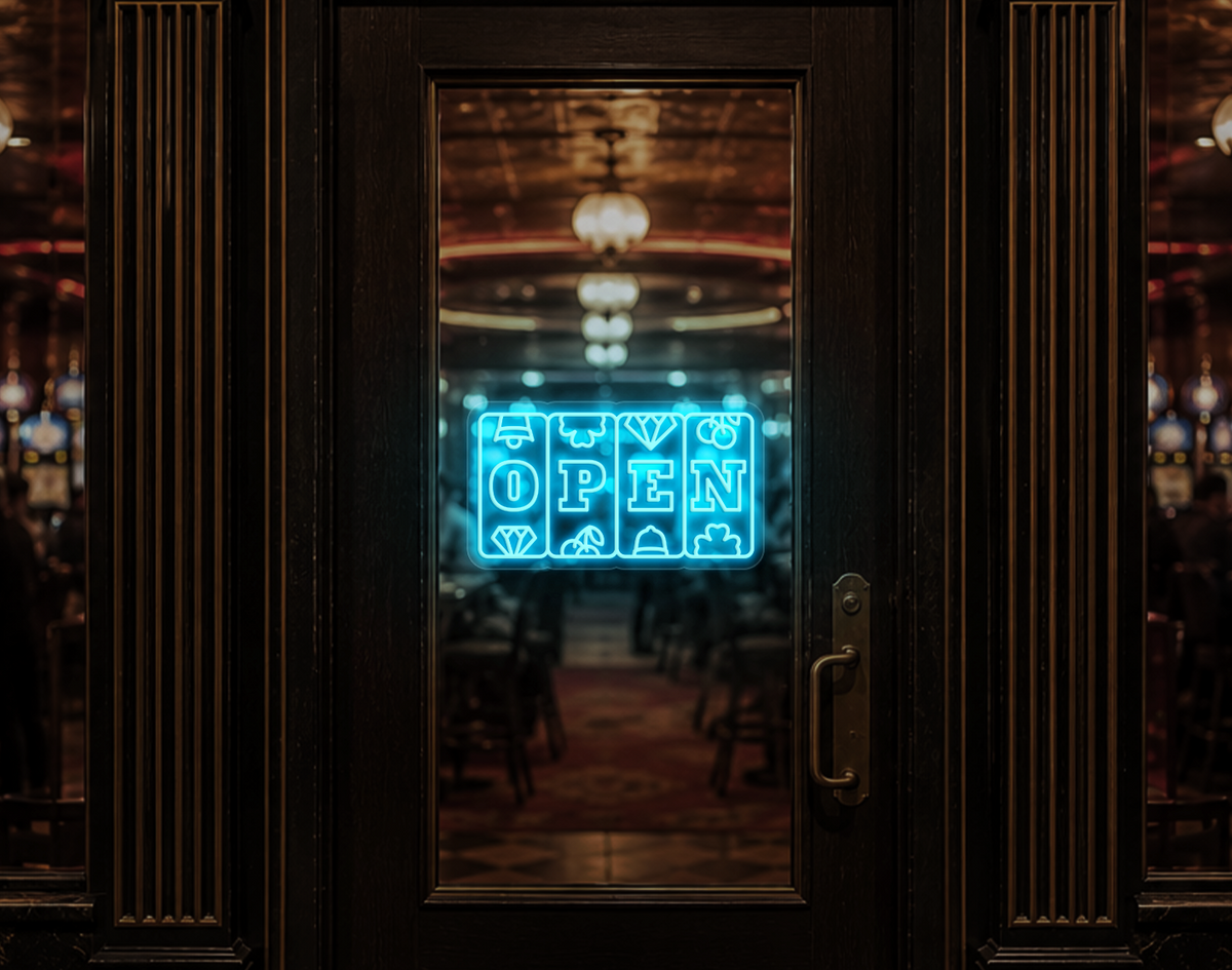 Slots Badge Open LED Neon Sign - Ice Blue