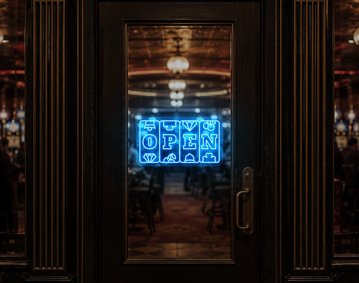 Slots Badge Open LED Neon Sign - Light Blue