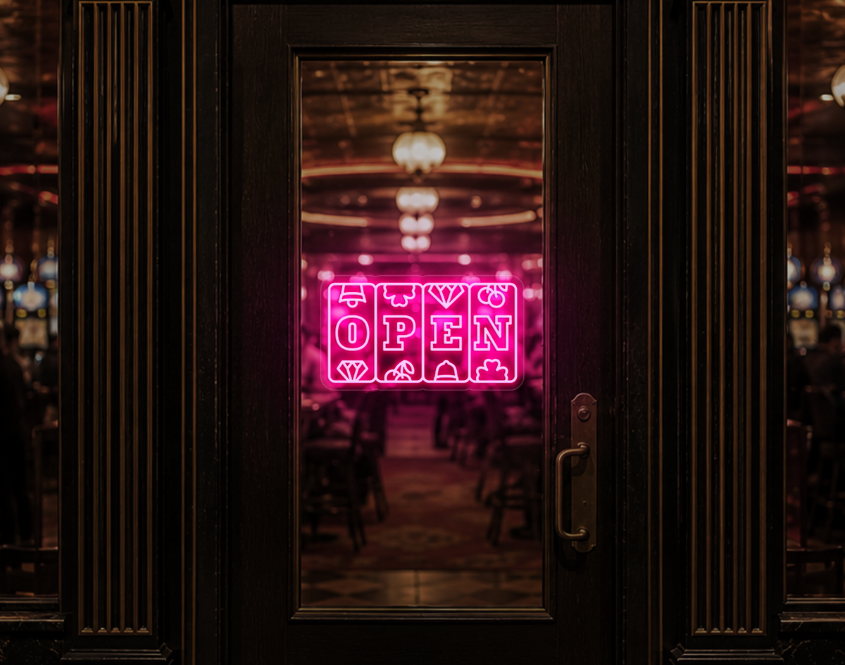 Slots Badge Open LED Neon Sign - Light Pink