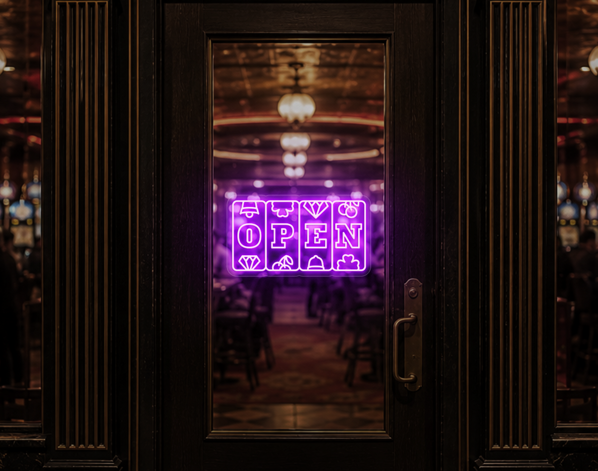 Slots Badge Open LED Neon Sign - Lilac Purple