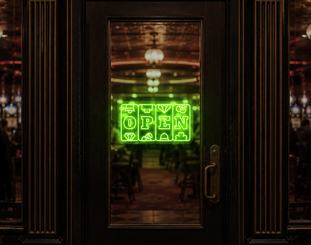 Slots Badge Open LED Neon Sign - Lime