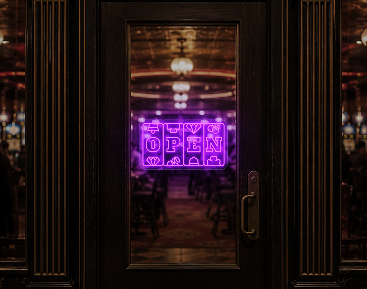 Slots Badge Open LED Neon Sign - Purple