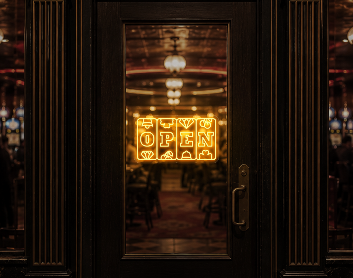 Slots Badge Open LED Neon Sign - Sunset Yellow