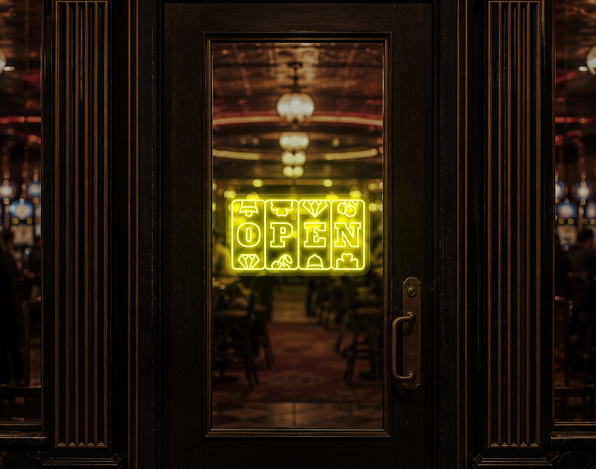 Slots Badge Open LED Neon Sign - Yellow