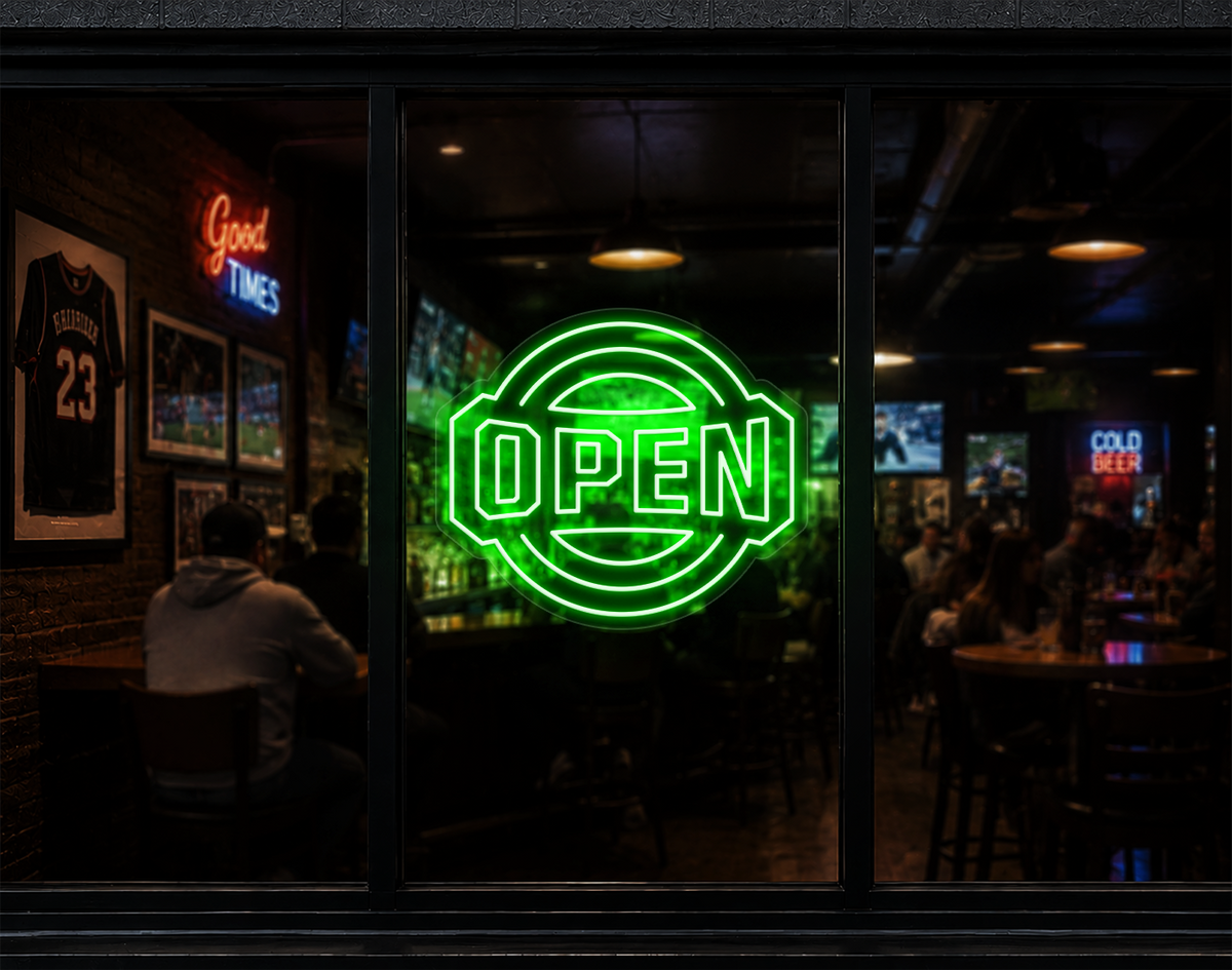 Varsity Circle Badge Open LED Neon Sign - Green