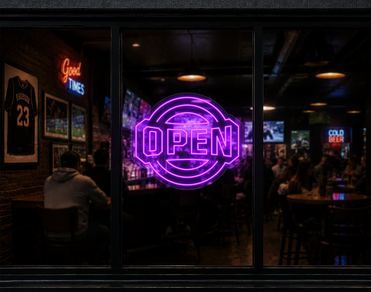 Varsity Circle Badge Open LED Neon Sign - Purple