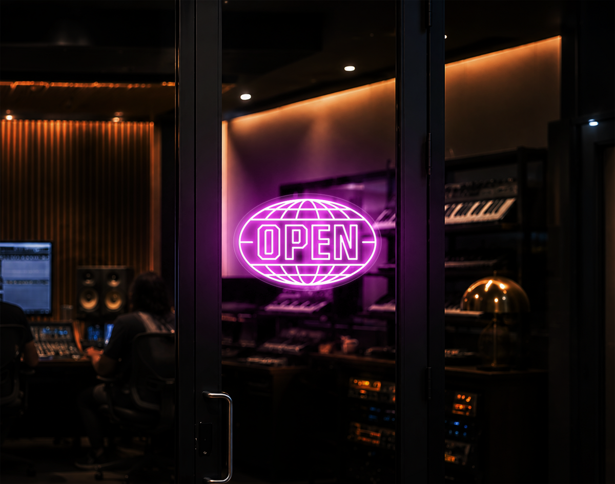 Varsity Globe Badge Open LED Neon Sign - Bubblegum Pink