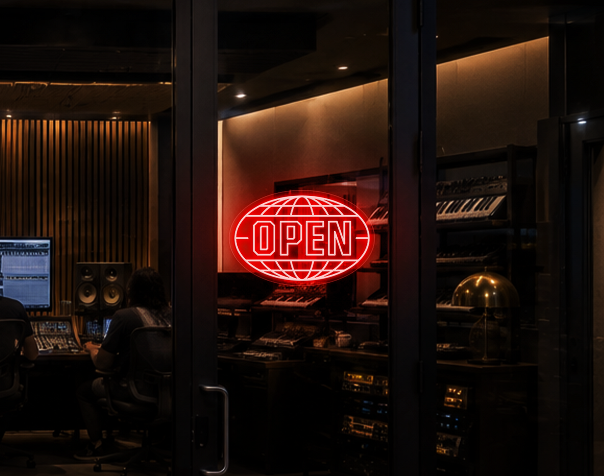 Varsity Globe Badge Open LED Neon Sign - Coral Orange