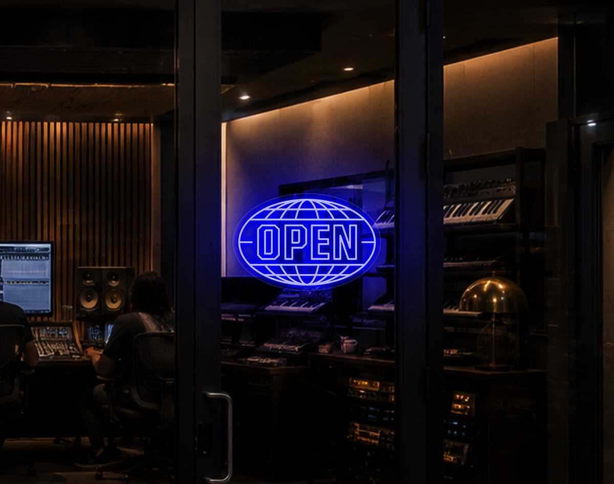Varsity Globe Badge Open LED Neon Sign - Dark Blue