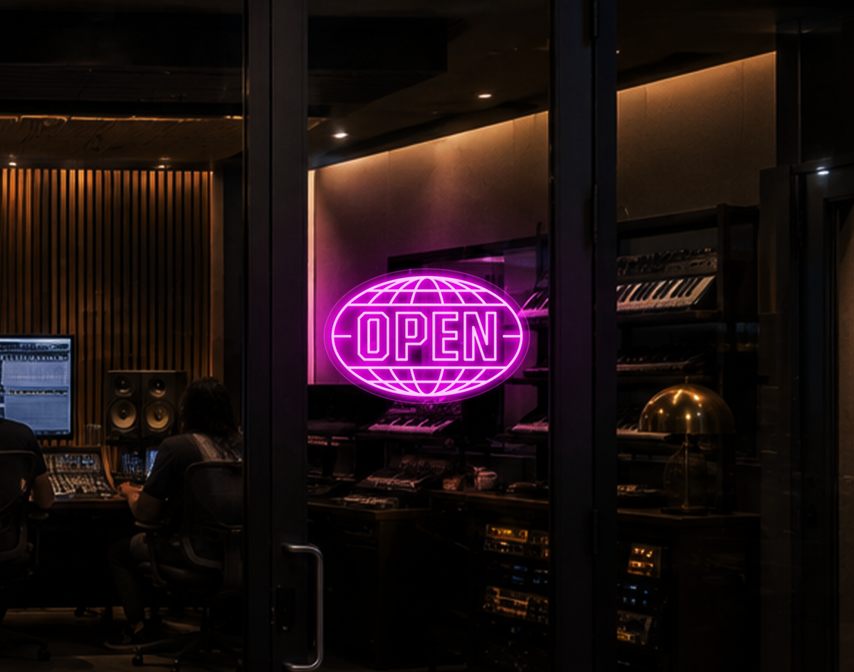 Varsity Globe Badge Open LED Neon Sign - Hot Pink