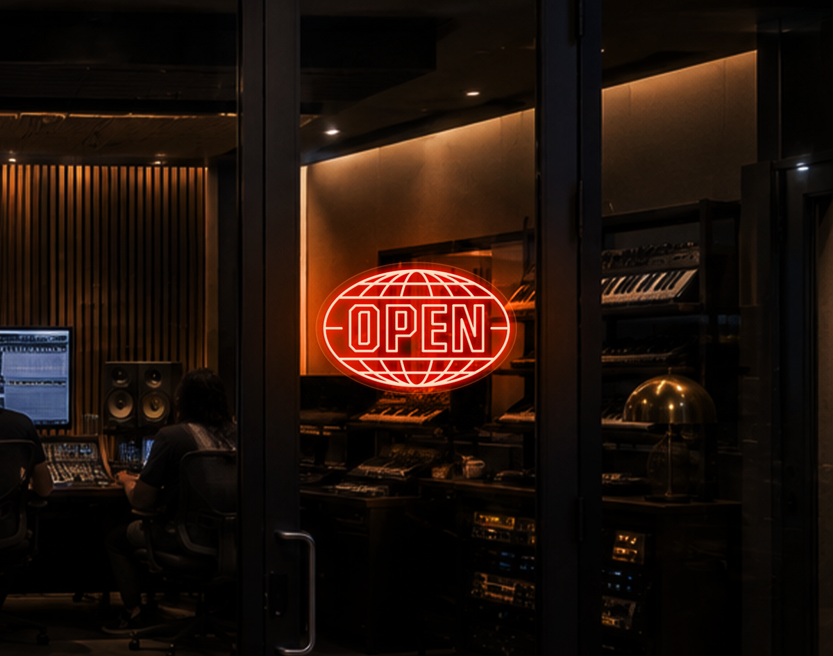 Varsity Globe Badge Open LED Neon Sign - Orange
