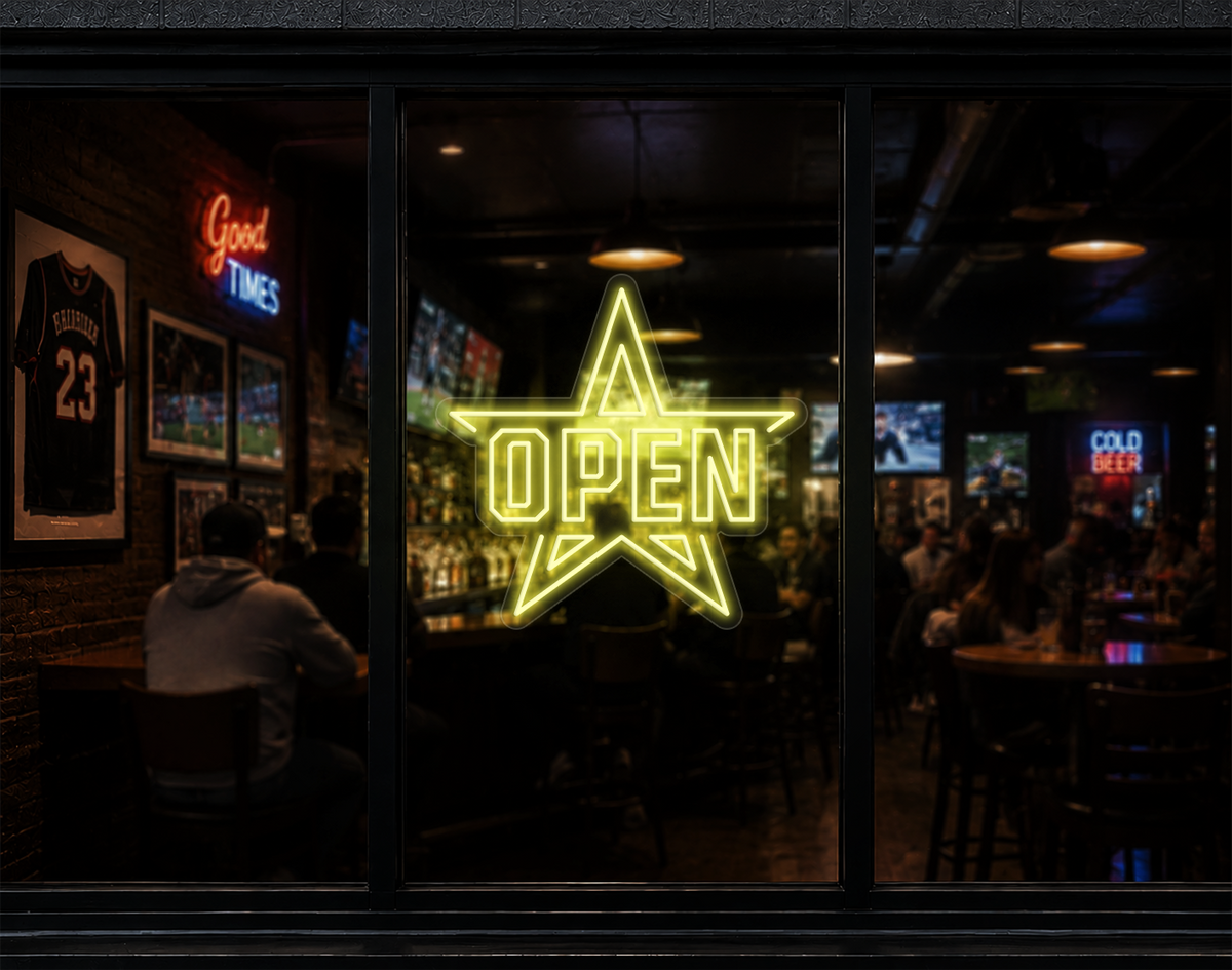 Varsity Star Badge Open LED Neon Sign - Buttercup Yellow