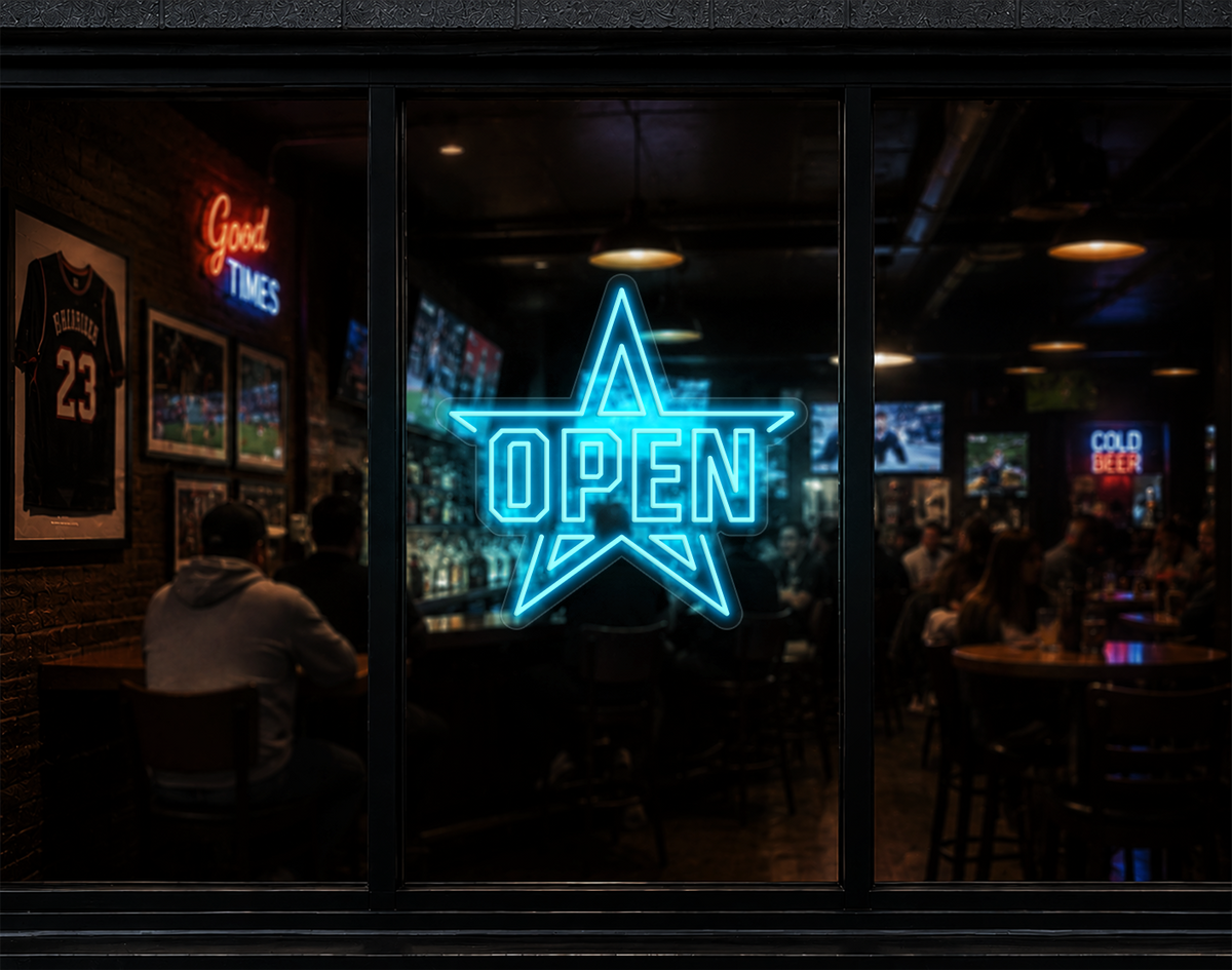 Varsity Star Badge Open LED Neon Sign - Ice Blue