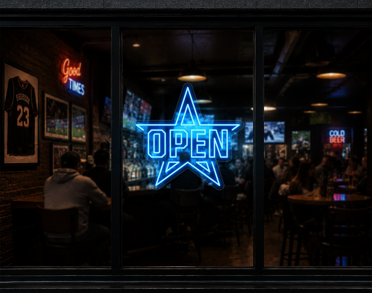 Varsity Star Badge Open LED Neon Sign - Light Blue