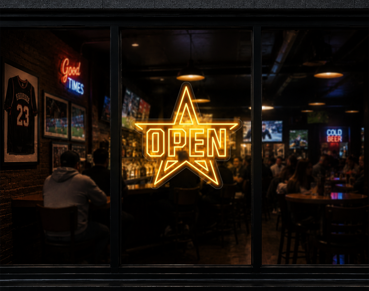 Varsity Star Badge Open LED Neon Sign - Sunset Yellow