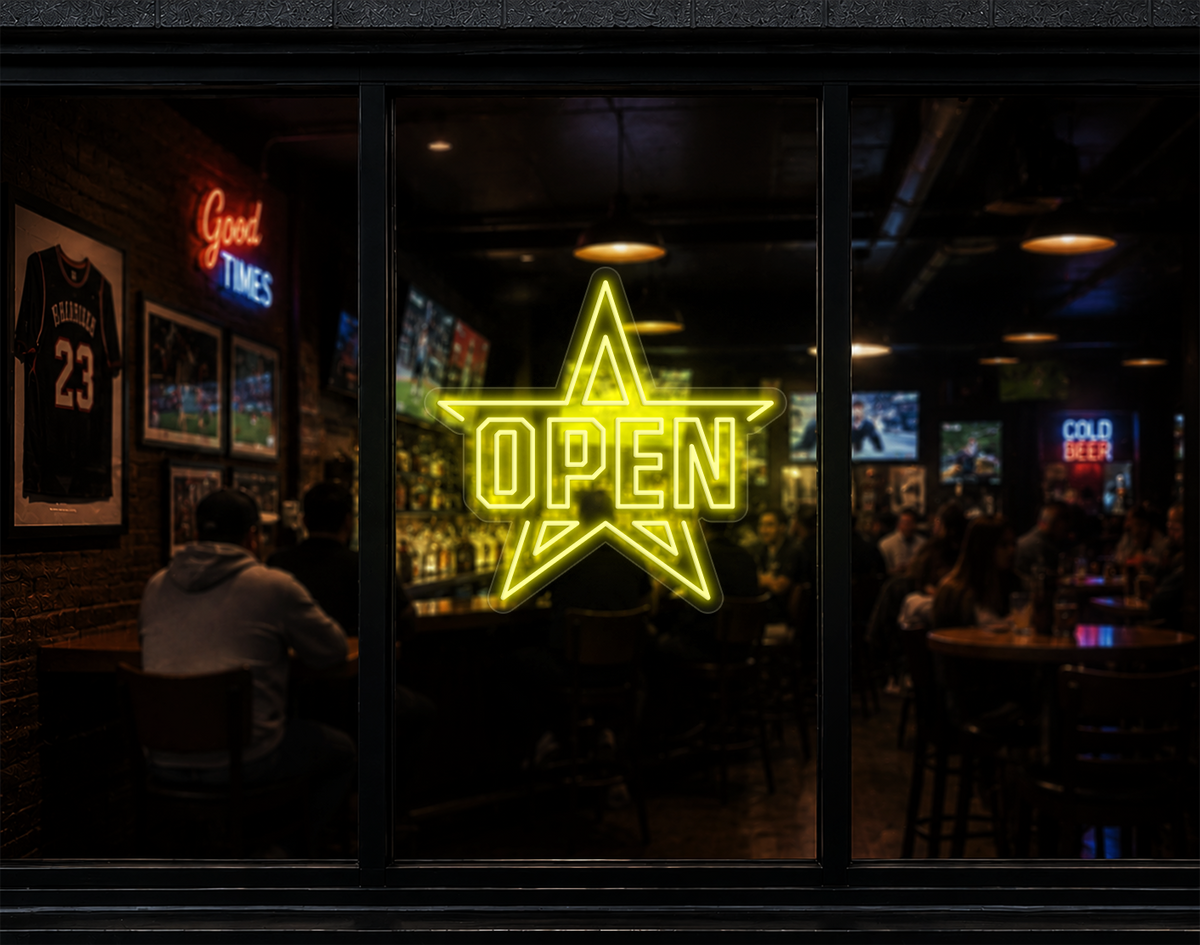 Varsity Star Badge Open LED Neon Sign - Yellow