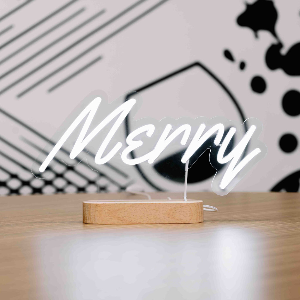 Merry Neon Sign - Christmas Table Stand - Wooden Base