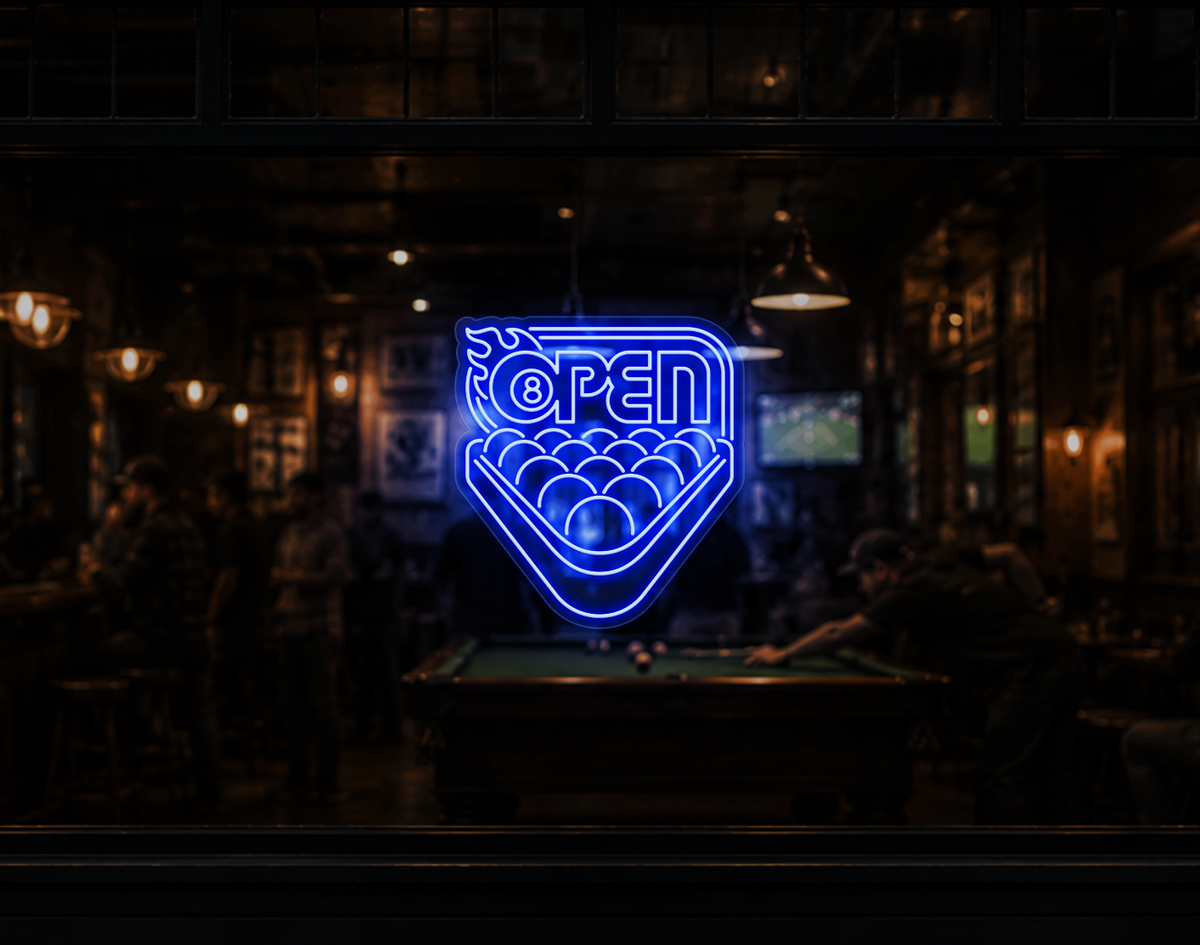Billiards Badge Open LED Neon Sign - Baby Blue