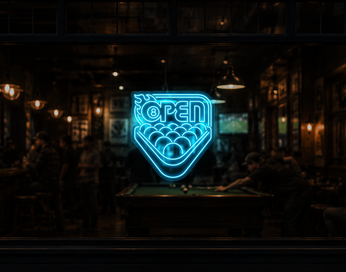 Billiards Badge Open LED Neon Sign - Ice Blue