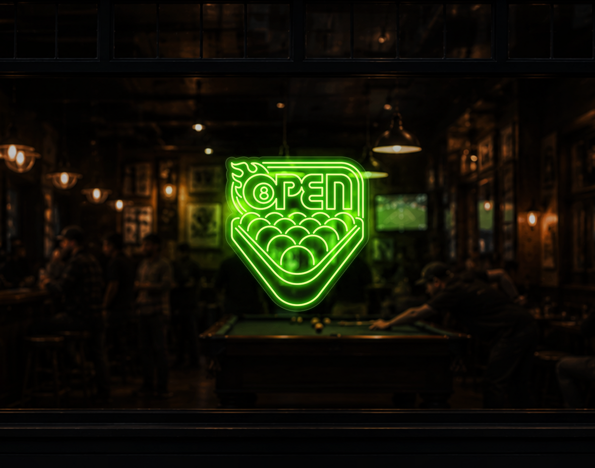 Billiards Badge Open LED Neon Sign - Lime