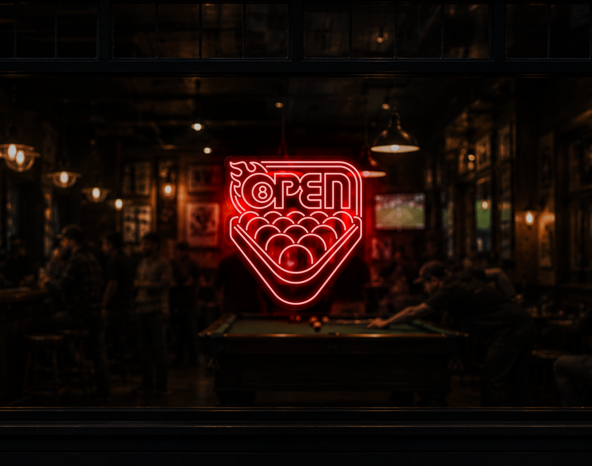 Billiards Badge Open LED Neon Sign - Red