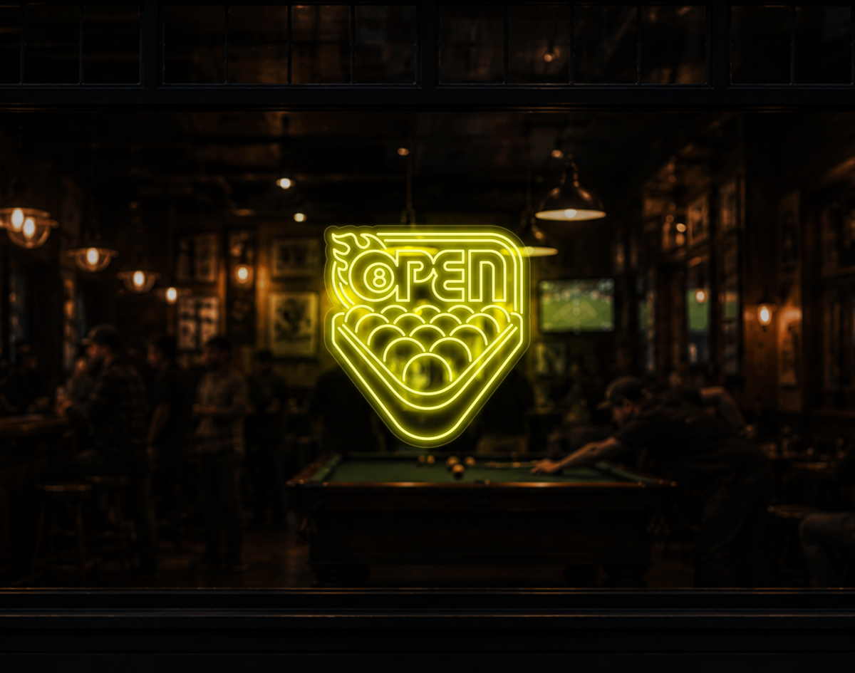 Billiards Badge Open LED Neon Sign - Yellow