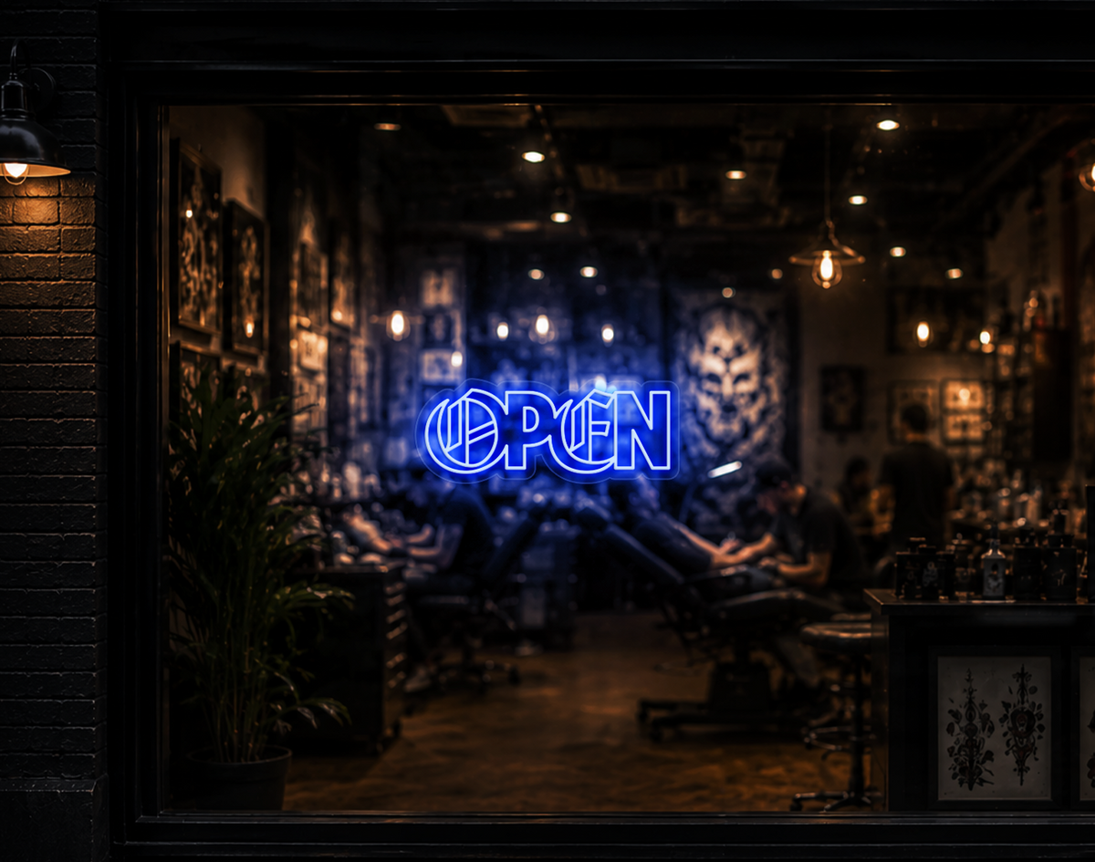 Blackletter Hybrid Type Open LED Neon Sign - Baby Blue