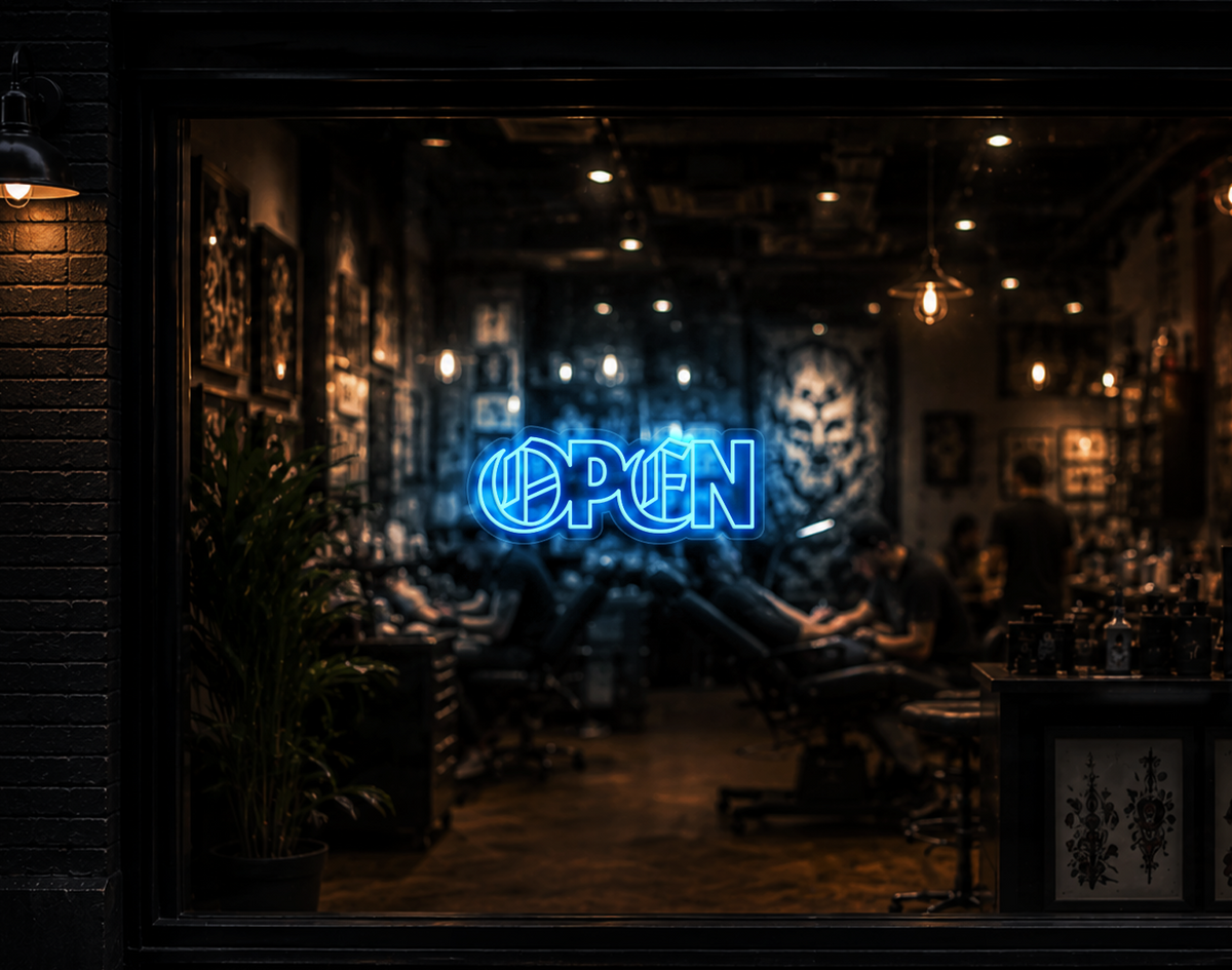 Blackletter Hybrid Type Open LED Neon Sign - Light Blue