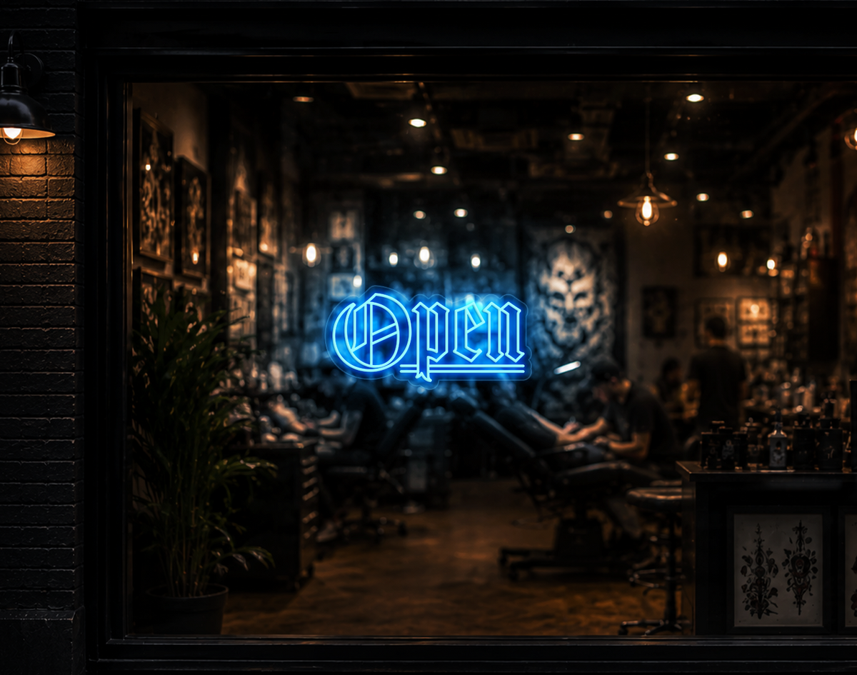 Blackletter Open LED Neon Sign - Light Blue