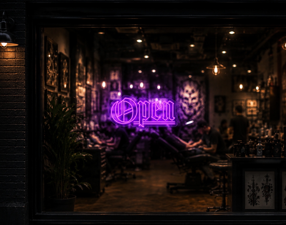 Blackletter Open LED Neon Sign - Purple