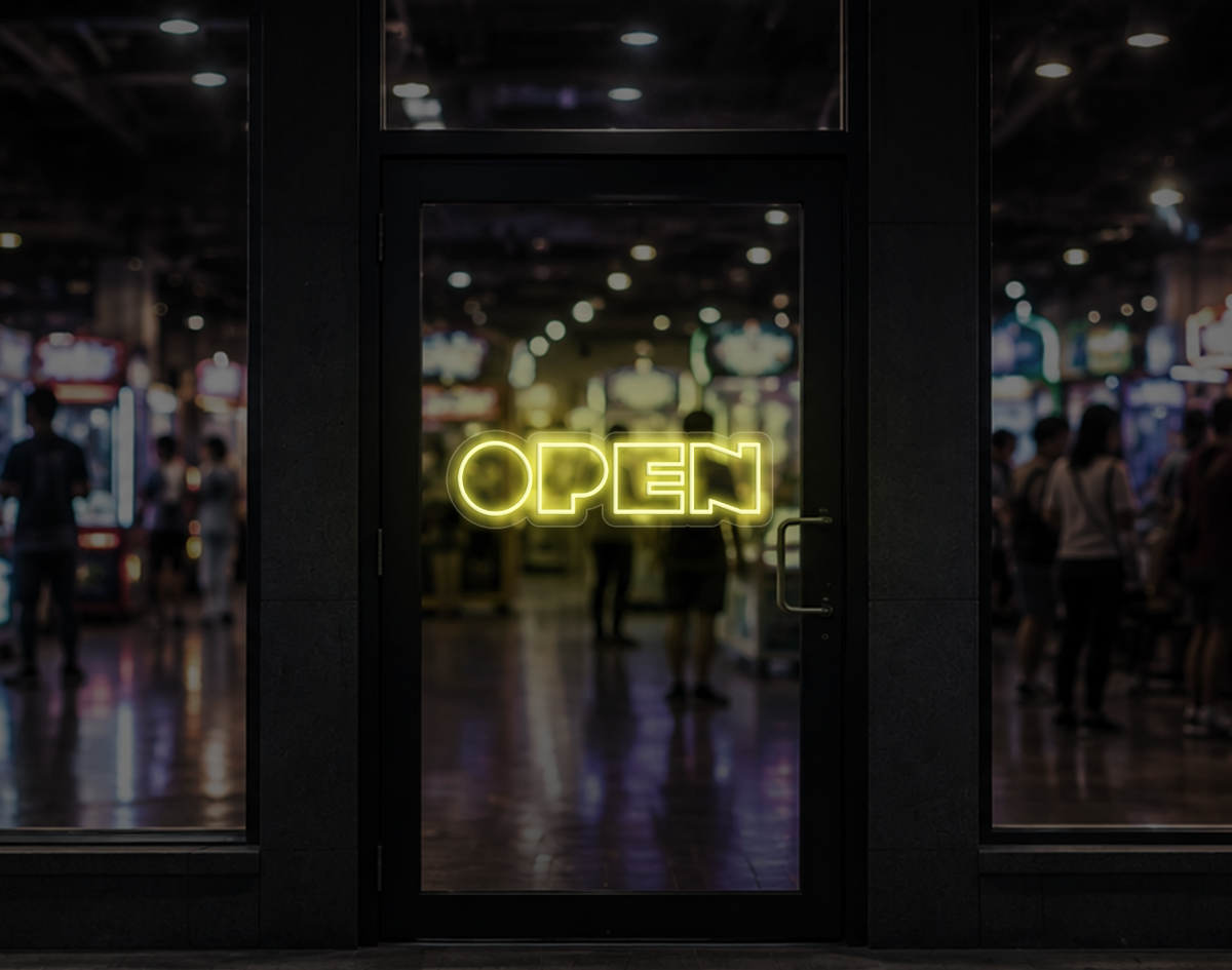Bold Arcade Type Open LED Neon Sign - Buttercup Yellow