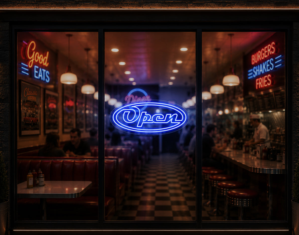 Diner Script Badge Open LED Neon Sign - Baby Blue