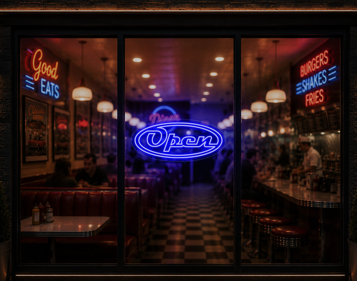 Diner Script Badge Open LED Neon Sign - Dark Blue