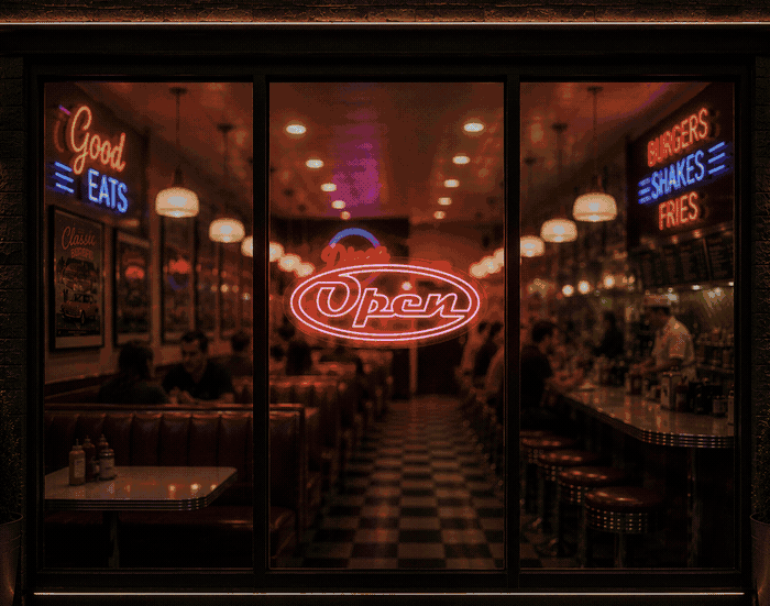 Diner Script Badge Open LED Neon Sign - Full Colour Spectrum