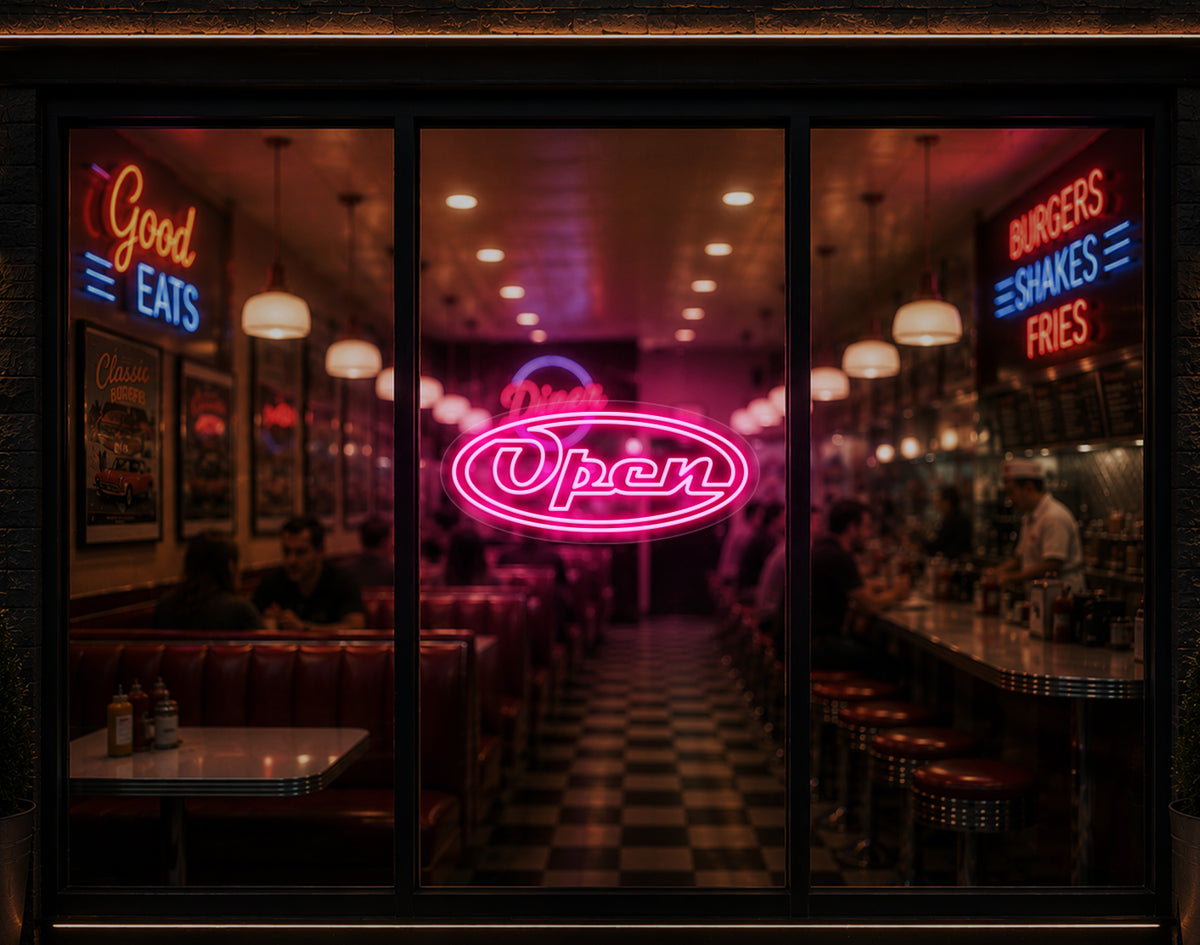 Diner Script Badge Open LED Neon Sign - Light Pink