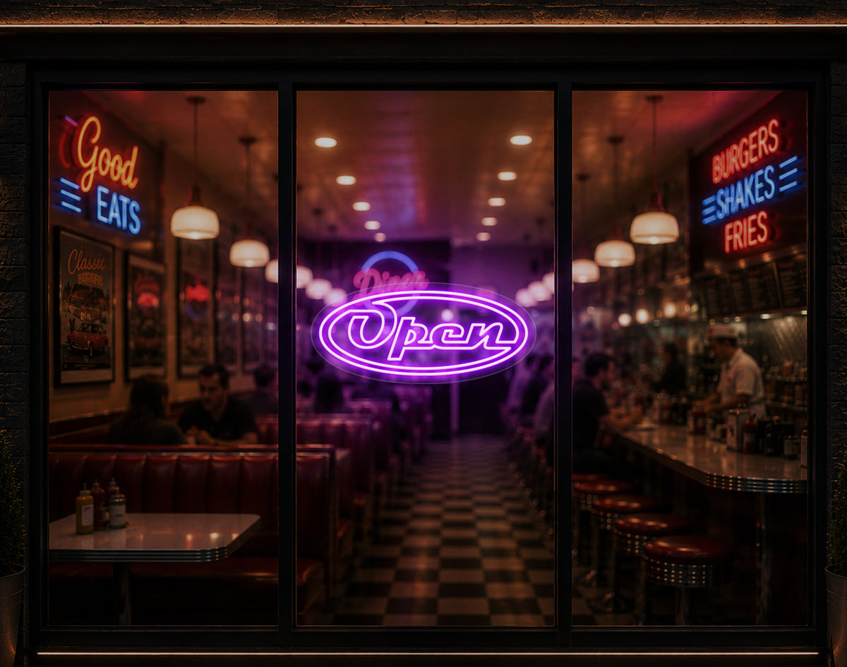 Diner Script Badge Open LED Neon Sign - Lilac Purple