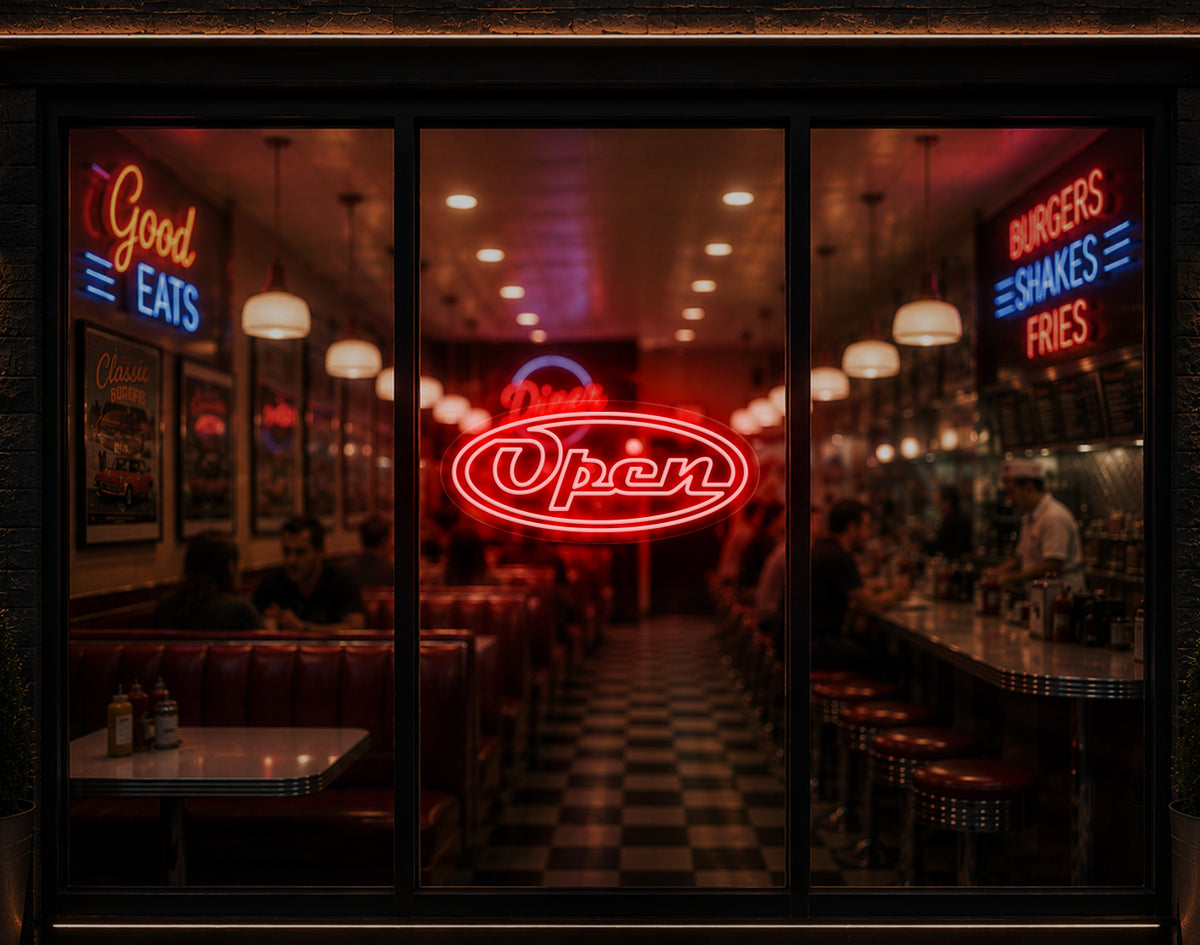 Diner Script Badge Open LED Neon Sign - Red